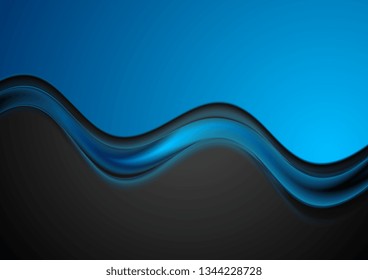 Blue and black contrast smooth waves corporate abstract background. Vector design