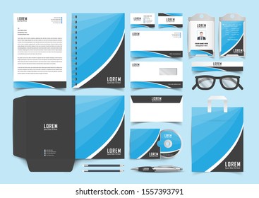 Blue and black corporate  Stationery Template Design Kit. Branding Template Editable Brand Identity pack with digital elements. Vector company style for brandbook and guideline. EPS 10