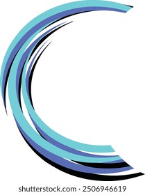 Blue and black curve lines creating a crescent shape ideal for abstract backgrounds, modern design, technology concepts, and artistic projects.
