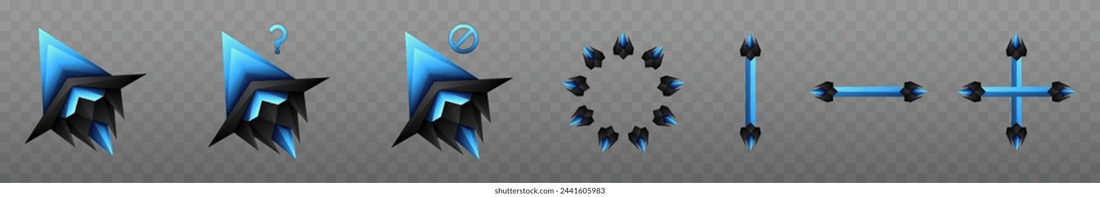 Blue and Black Custom Gaming Mouse Cursor Icons Set for Game UI Designs