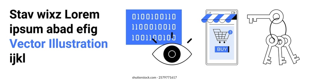 Blue and black design with binary code, an eye symbol, a shopping page, and keys. Ideal for cybersecurity, e-commerce, online privacy, digital marketing, technology. Banner for landing page