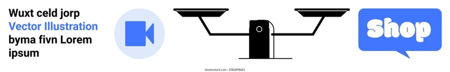 Blue and black design elements, including a camera, balance scales, and a shopping icon. Ideal for e-commerce, online shopping, digital marketing, video content, customer support. Banner for landing