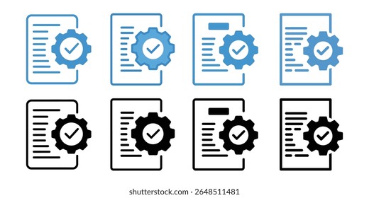 Documento azul y negro con engranaje y marca de verificación aislado sobre fondo blanco