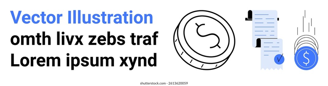 Blue and black dollar sign, coin graphic, two documents, falling coin. Ideal for financial websites, reports, blogs, presentations, infographics, investment guides, banking services. Landing page