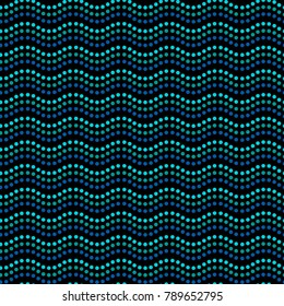 Blue and black dot art wavy lines ethnic australian seamless pattern, vector