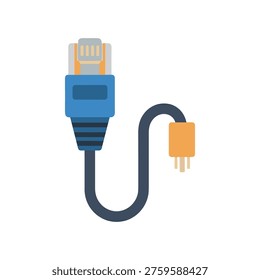 A blue and black Ethernet cable connector with an orange wire on a white background, used for networking and internet connections.