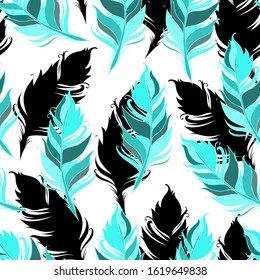 Blue and black feathers on White background. Seamless pattern. Vector illustration. 