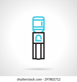 Blue and black flat line design vector icon for water cooler with bottle up on white background.
