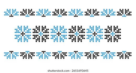 Azul e preto contas florais ornamentos bordas definido, padrões étnicos de Dnipro, Ucrânia