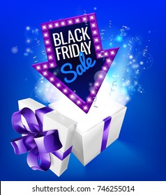 A Blue Black Friday Sale Arrow Sign Exploding Out Of A Gift Box With A Purple Ribbon Bow