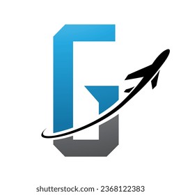 Blue and Black Futuristic Letter G Icon with an Airplane on a White Background