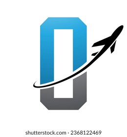 Blue and Black Futuristic Letter O Icon with an Airplane on a White Background