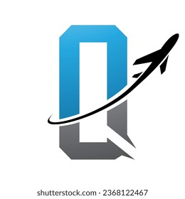 Blue and Black Futuristic Letter Q Icon with an Airplane on a White Background