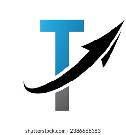 Blue and Black Futuristic Letter T Icon with an Arrow on a White Background