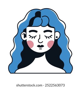 Blue and Black Girl Face Illustration with Wavy Hair