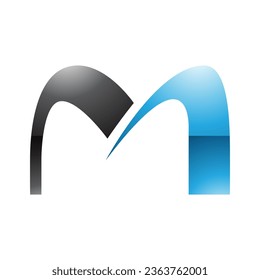 Blau-schwarz-glänzender Pfeil mit Formbuchstaben M Symbol auf weißem Hintergrund