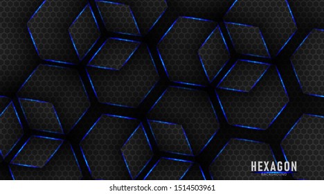 blue and black glossy metal hexagons tech background. Abstract vector design