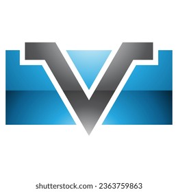 Letra azul y negra con forma de rectángulo brillante icono V en un fondo blanco