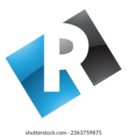 Blue and Black Glossy Rectangle Shaped Letter R Icon on a White Background