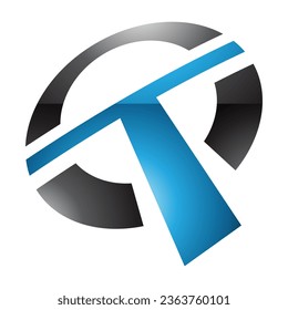 Letra azul y negra de forma redondeada con forma de icono T en un fondo blanco