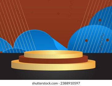 Blue, black, gold and brown mockup product display. Vector cylinder pedestal podium. Stage showcase for presentation with minimal geometric forms.