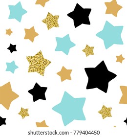 Blue, black and golden stars. Simple seamless vector pattern.