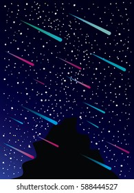 blue black gradation sky and meteor with black mountain background , vector background 