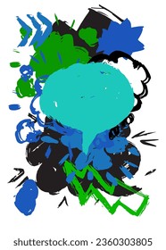 Blue, black and green graffiti speech bubble. Abstract modern Messaging sign street art decoration, performed in urban painting style.