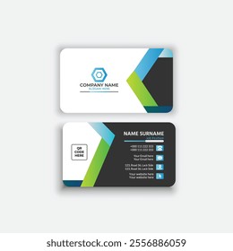 Blue black and green shape modern business card vector template design