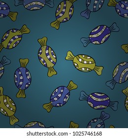 Blue, black and green version. Isolated. Vector illustration. Cute and colorful candy sweet seamless pattern on blue, black and green background.