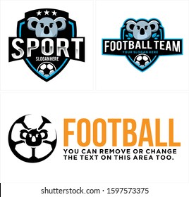 Blue black grey ball koala head leaf star badge modern logo vector line art suitable for animal sport football team training coaching animal championship game soccer