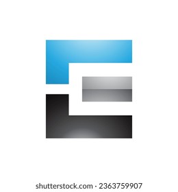 Blue Black and Grey Glossy Rectangular Letter E Icon on a White Background