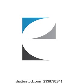 Blue Black and Grey Lowercase Letter E Icon with Curvy Triangles on a White Background