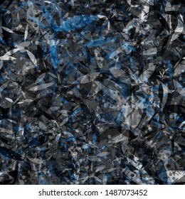 Blue, black, grey seamless texture with blots and stylized petals. Abstract vector background for web page, banners backdrop, fabric, home decor, wrapping