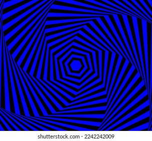 Blue and black hexagonal optical illusion spiral vector background. Wavy striped hexagons op art swirl wallpaper.