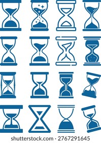 Blue and black hourglass icon set collection on black background representing time, countdown, deadline, urgency, waiting and time management concepts.