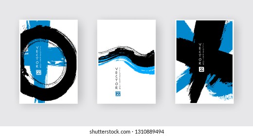 Blue black ink brush stroke on white background. Japanese style. Vector illustration of grunge abstract stains