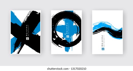 Blue black ink brush stroke on white background. Japanese style. Vector illustration of grunge abstract stains