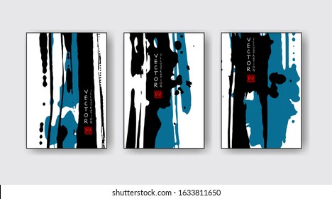 Blue black ink brush stroke on white background. Japanese style. Vector illustration of grunge wave stains.Vector brushes illustration.