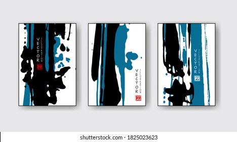 Blue black ink brush stroke on white background. Japanese style. Vector illustration of grunge wave stains.Vector brushes illustration.