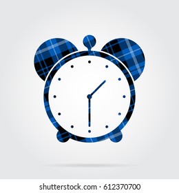 blue, black isolated tartan icon with white stripes - alarm clock and shadow in front of a gray background