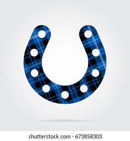 blue, black isolated tartan icon with white stripes - horseshoe with holes and shadow in front of a gray background