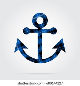 blue, black isolated tartan icon with white stripes - boat anchor and shadow in front of a gray background