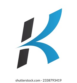 Blue and Black Italic Arrow Shaped Letter K Icon on a White Background