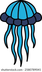 A blue and black jellyfish with long blue tentacles. The jellyfish is drawn in a cartoon style