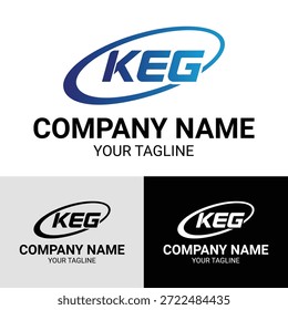 Blue and black K E G with company name and tagline on different backgrounds