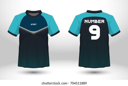 Blue and black layout football sport t-shirt design. Template front, back view. Soccer kit national team shirt mock up. Vector Illustration.