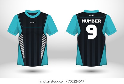 Blue and black layout football sport t-shirt design. Template front, back view. Soccer kit national team shirt mock up. Vector Illustration.