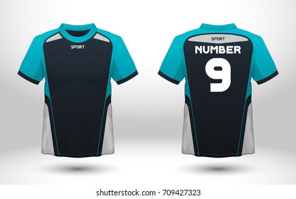 Blue and black layout football sport t-shirt design. Template front, back view. Soccer kit national team shirt mock up. Vector Illustration.