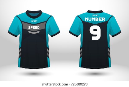 Blue and black layout football sport t-shirt design. Template front, back view. Soccer kit national team shirt mock up. Vector Illustration.